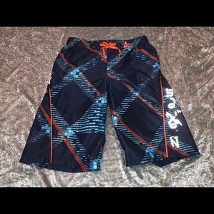 Blue and orange swimming trunks